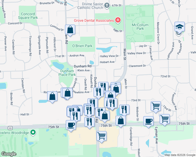 map of restaurants, bars, coffee shops, grocery stores, and more near 7135 Dunham Road in Downers Grove