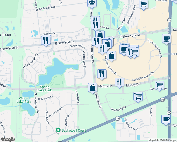 map of restaurants, bars, coffee shops, grocery stores, and more near 249 North Gregory Street in Aurora
