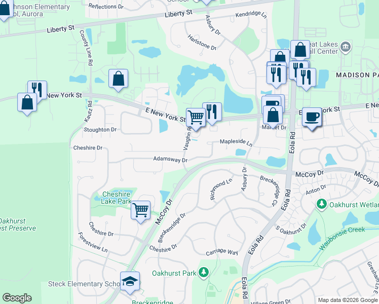 map of restaurants, bars, coffee shops, grocery stores, and more near 7S638 Vaughn Road in Aurora