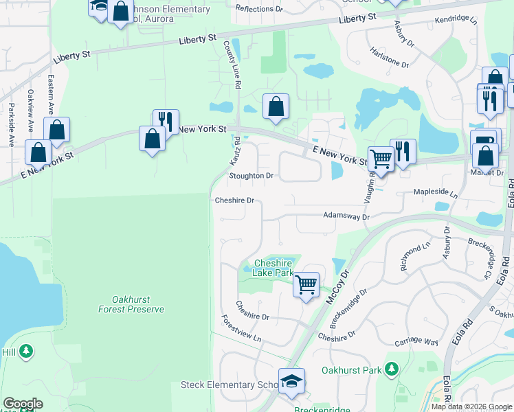 map of restaurants, bars, coffee shops, grocery stores, and more near 2236 Cheshire Drive in Aurora