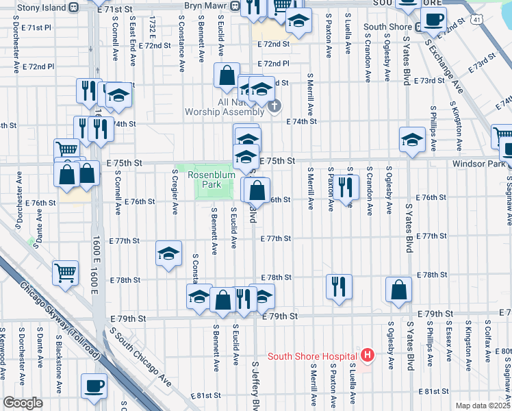 map of restaurants, bars, coffee shops, grocery stores, and more near 7601 South Jeffery Boulevard in Chicago