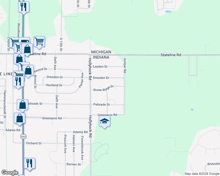 map of restaurants, bars, coffee shops, grocery stores, and more near 19070-19144 Stone Ridge Dr in South Bend