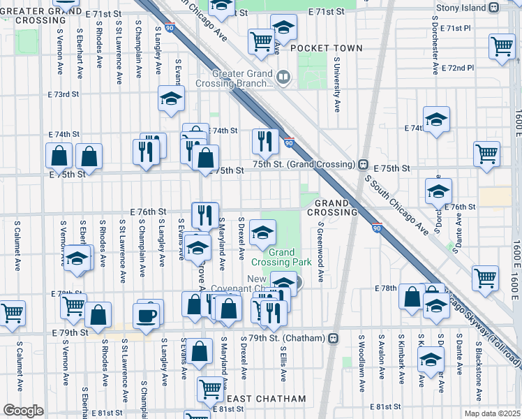map of restaurants, bars, coffee shops, grocery stores, and more near E 76th St & S Ingleside Ave in Chicago