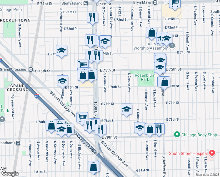 map of restaurants, bars, coffee shops, grocery stores, and more near 7600 South East End Avenue in Chicago