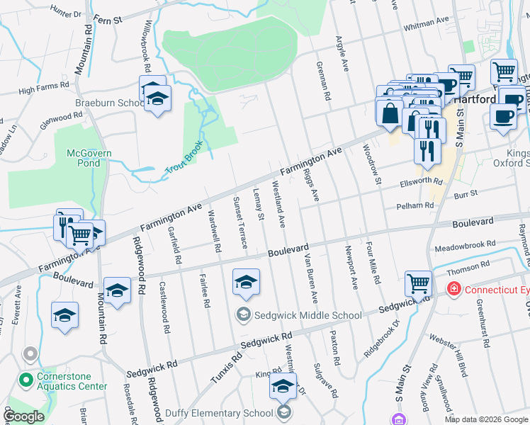 map of restaurants, bars, coffee shops, grocery stores, and more near 15 Lemay Street in West Hartford