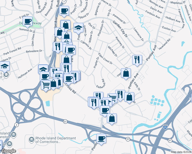 map of restaurants, bars, coffee shops, grocery stores, and more near 18 Dellwood Road in Cranston