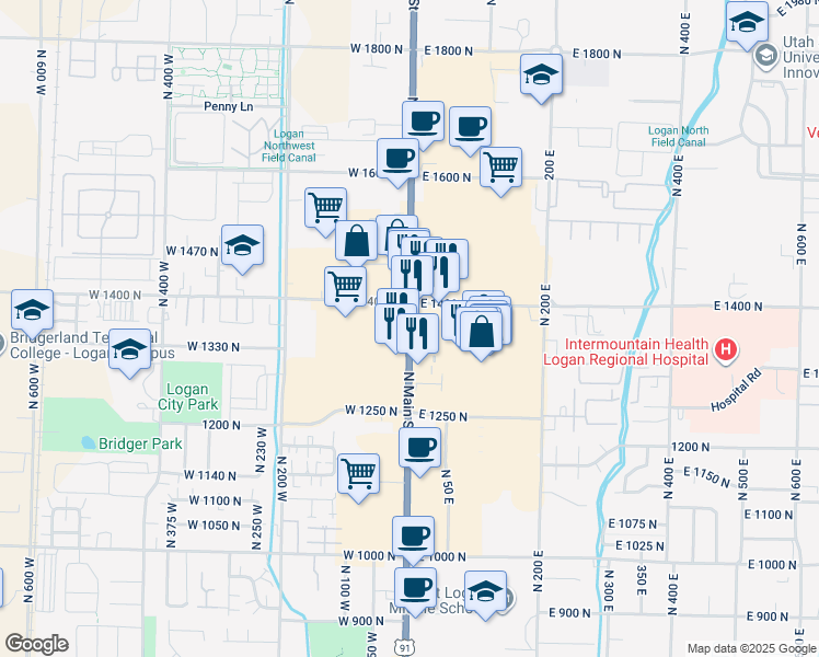 map of restaurants, bars, coffee shops, grocery stores, and more near 1350 North Main Street in Logan