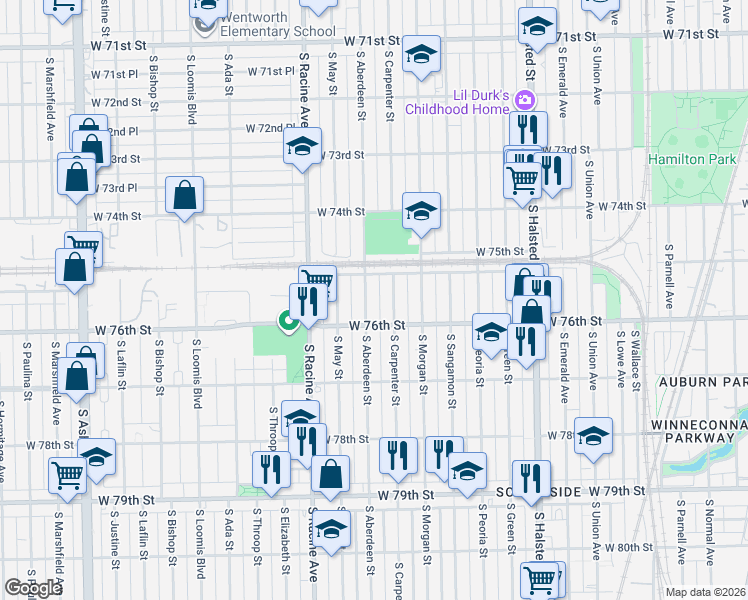 map of restaurants, bars, coffee shops, grocery stores, and more near 7521 South Aberdeen Street in Chicago