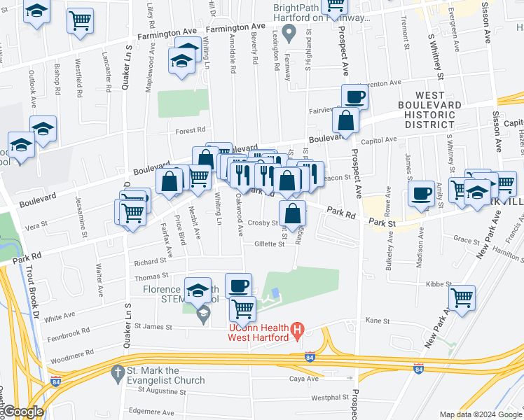 map of restaurants, bars, coffee shops, grocery stores, and more near 21 Kingston Street in West Hartford