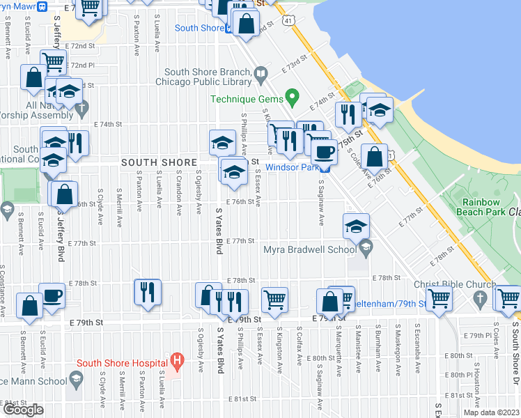 map of restaurants, bars, coffee shops, grocery stores, and more near 7609 South Essex Avenue in Chicago