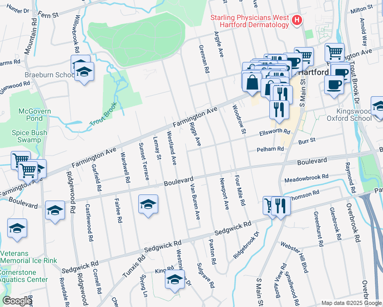 map of restaurants, bars, coffee shops, grocery stores, and more near 30 Van Buren Avenue in West Hartford