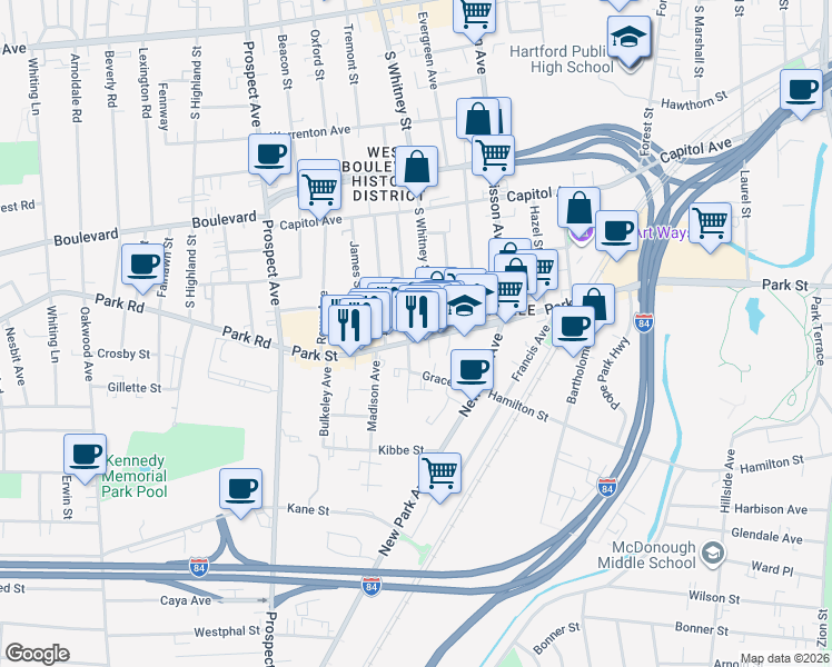 map of restaurants, bars, coffee shops, grocery stores, and more near 1850 Park Street in Hartford