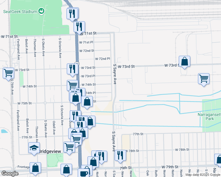 map of restaurants, bars, coffee shops, grocery stores, and more near 7000 West 74th Place in Chicago