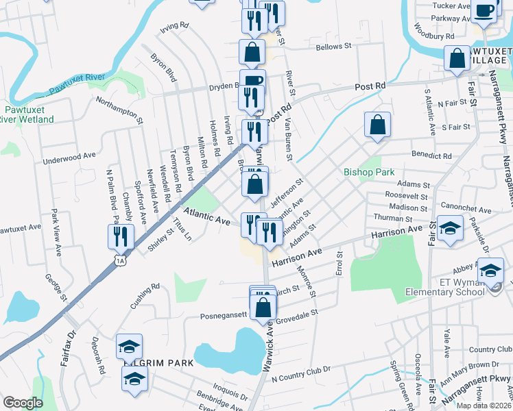 map of restaurants, bars, coffee shops, grocery stores, and more near 707 Warwick Ave in Warwick
