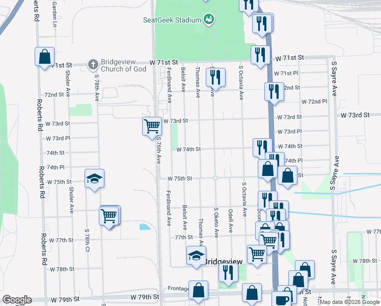 map of restaurants, bars, coffee shops, grocery stores, and more near 7401 Beloit Avenue in Bridgeview