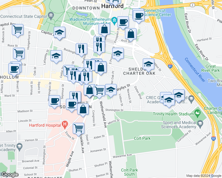 map of restaurants, bars, coffee shops, grocery stores, and more near 7 Charter Oak Pl in Hartford