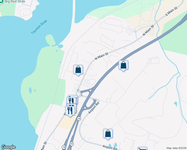 map of restaurants, bars, coffee shops, grocery stores, and more near 78 Apple Creek Lane in Fall River