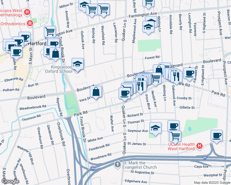 map of restaurants, bars, coffee shops, grocery stores, and more near 25 Vera Street in West Hartford