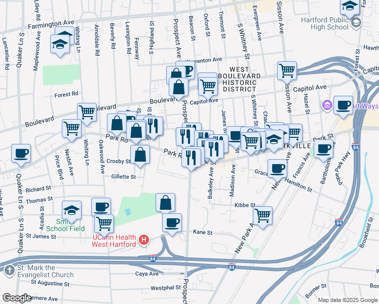 map of restaurants, bars, coffee shops, grocery stores, and more near 357 Prospect Avenue in Hartford