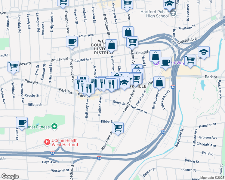 map of restaurants, bars, coffee shops, grocery stores, and more near 1850 Park Street in Hartford