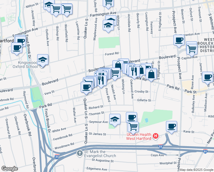 map of restaurants, bars, coffee shops, grocery stores, and more near 4 Price Boulevard in West Hartford