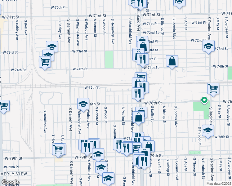 map of restaurants, bars, coffee shops, grocery stores, and more near 1733 West 75th Place in Chicago