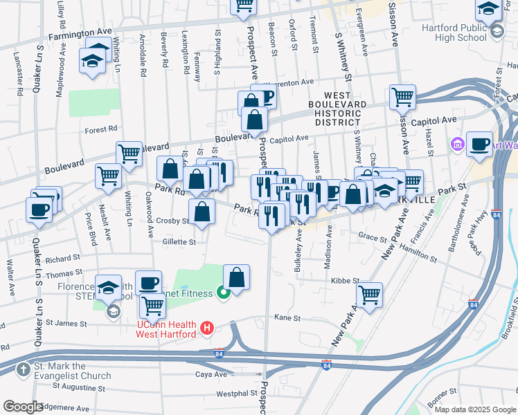 map of restaurants, bars, coffee shops, grocery stores, and more near 18 Park Road in West Hartford
