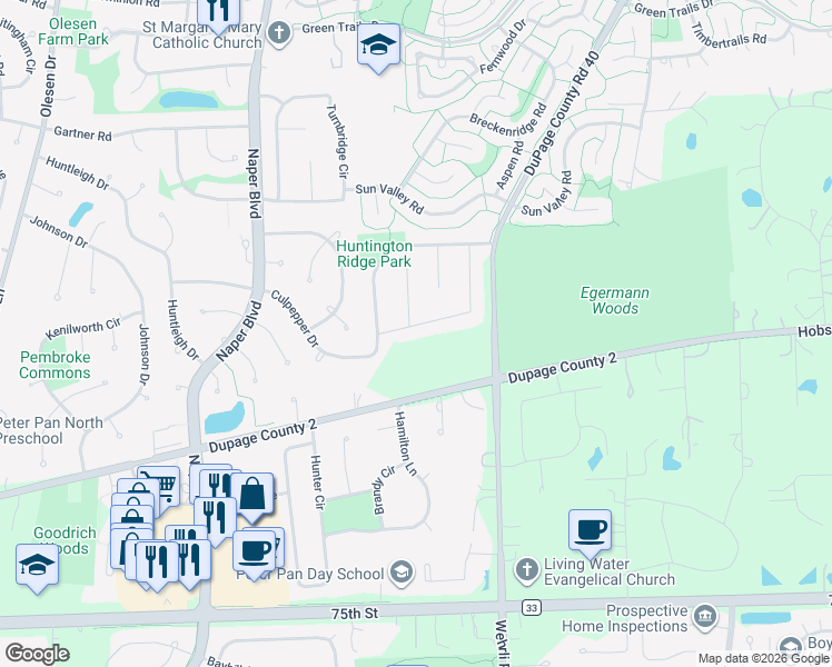 map of restaurants, bars, coffee shops, grocery stores, and more near 1462 Lantern Circle in Naperville