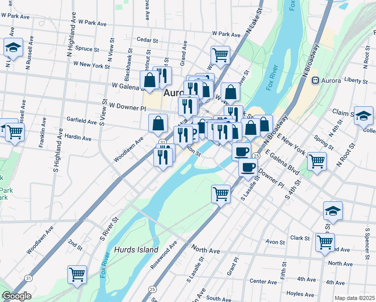 map of restaurants, bars, coffee shops, grocery stores, and more near in Aurora