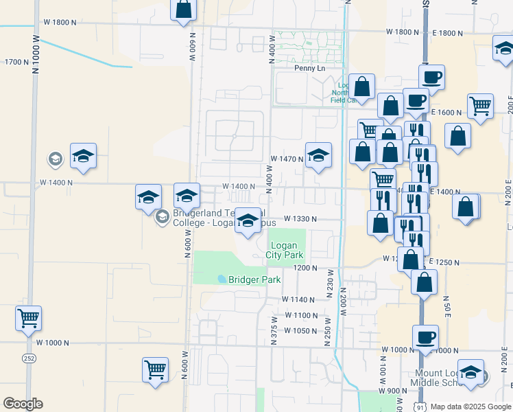 map of restaurants, bars, coffee shops, grocery stores, and more near 432 Spring Lane in Logan
