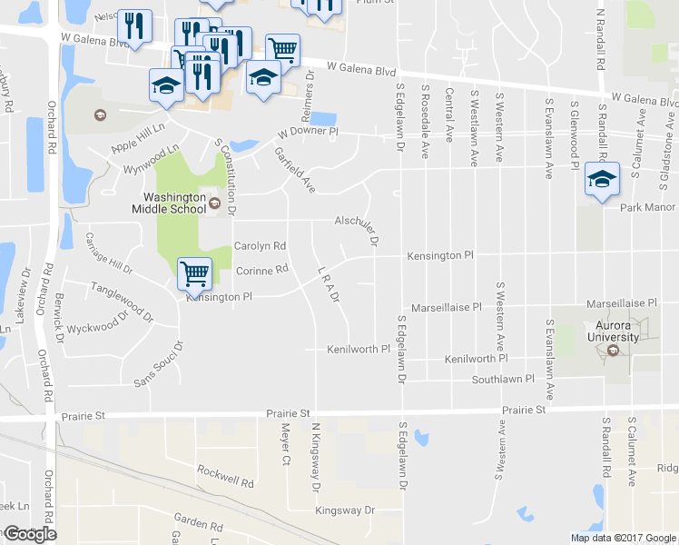 map of restaurants, bars, coffee shops, grocery stores, and more near 1920 Kensington Place in Aurora