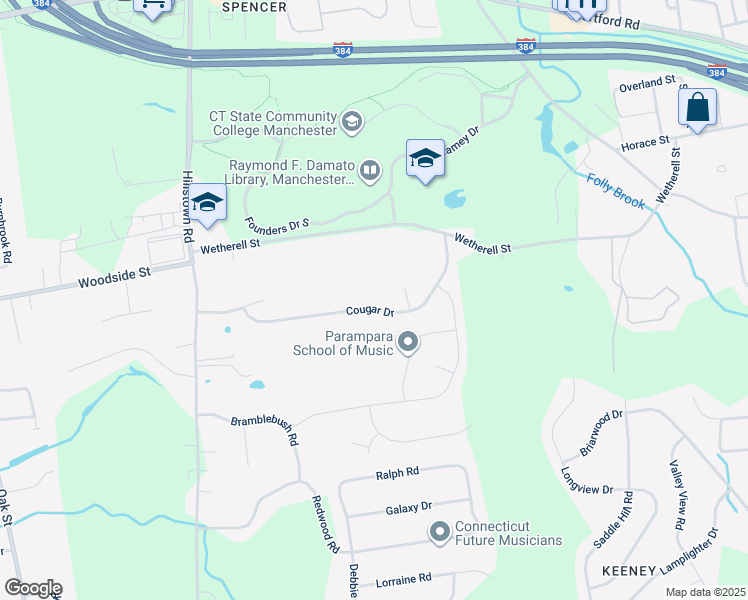 map of restaurants, bars, coffee shops, grocery stores, and more near 116 Cougar Drive in Manchester
