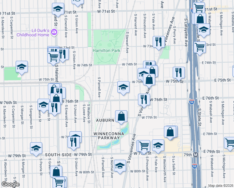 map of restaurants, bars, coffee shops, grocery stores, and more near 7534 South Eggleston Avenue in Chicago