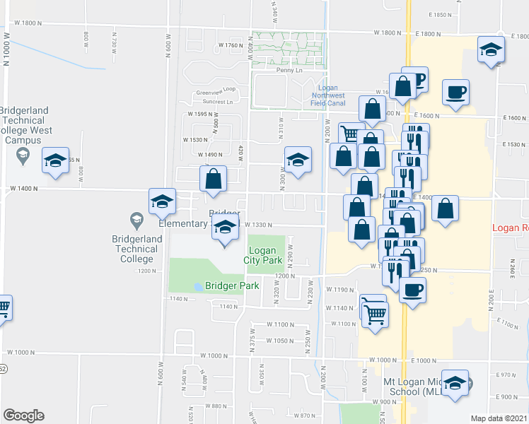 map of restaurants, bars, coffee shops, grocery stores, and more near 1360 North 340 West in Logan