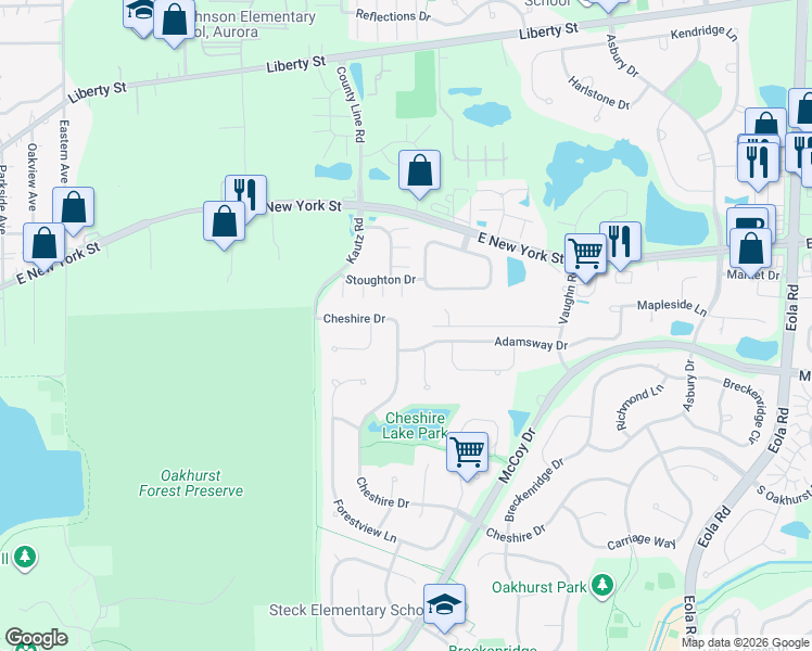 map of restaurants, bars, coffee shops, grocery stores, and more near 2236 Cheshire Drive in Aurora