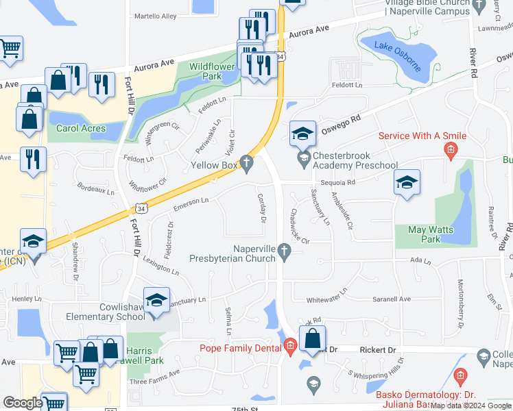 map of restaurants, bars, coffee shops, grocery stores, and more near 807 Corday Drive in Naperville
