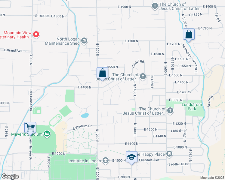 map of restaurants, bars, coffee shops, grocery stores, and more near 1374 North 1250 East in Logan