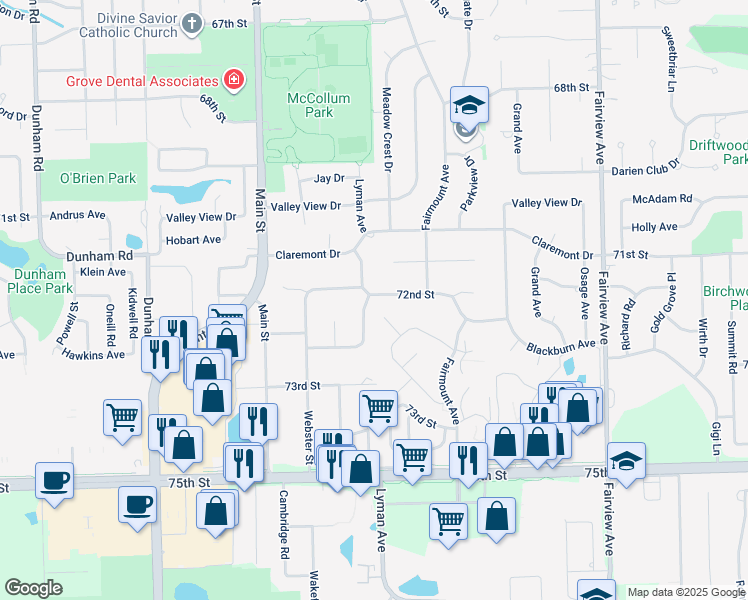 map of restaurants, bars, coffee shops, grocery stores, and more near 7205 Lyman Avenue in Downers Grove