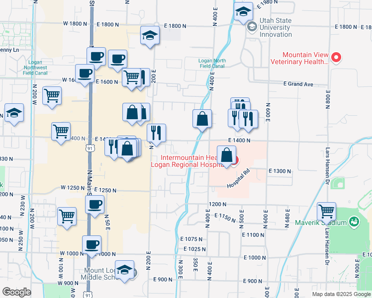 map of restaurants, bars, coffee shops, grocery stores, and more near 330 East 1400 North in Logan