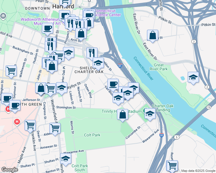 map of restaurants, bars, coffee shops, grocery stores, and more near 61 Huyshope Avenue in Hartford