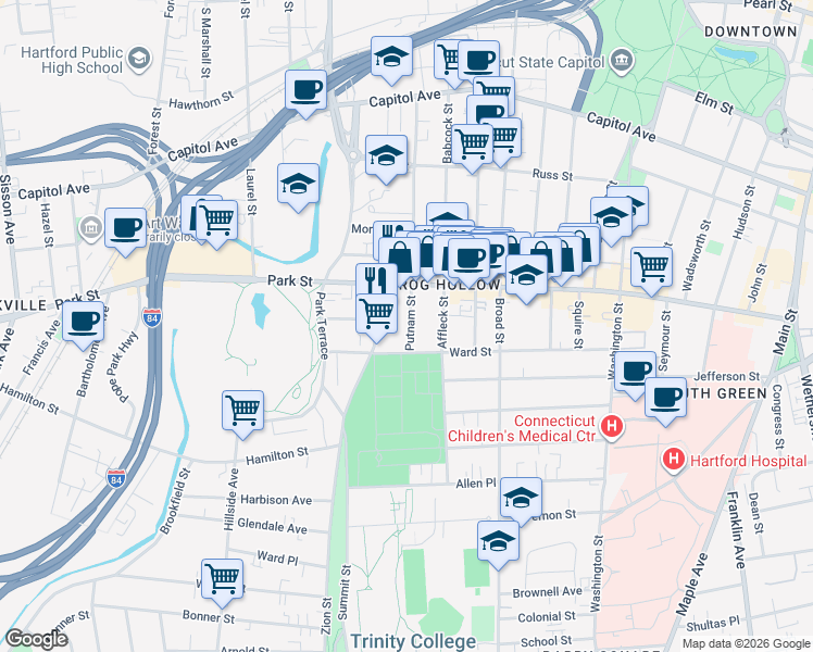 map of restaurants, bars, coffee shops, grocery stores, and more near 586-588 Zion Street in Hartford