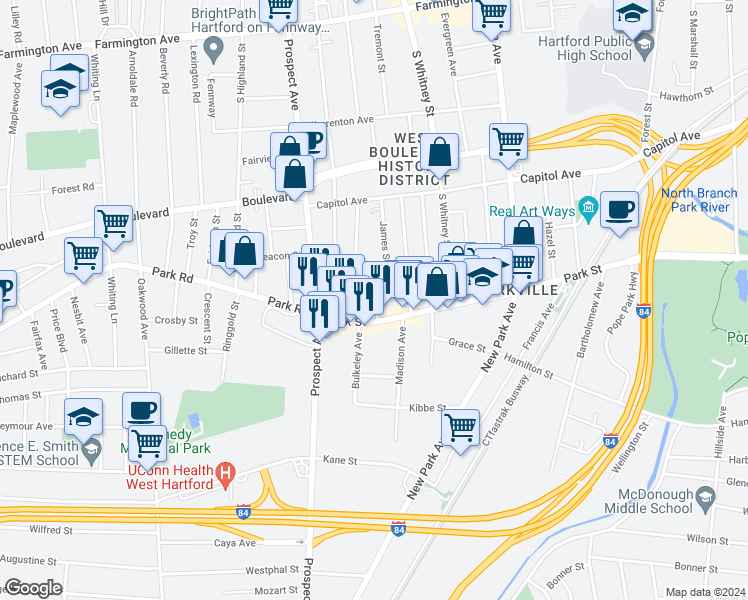 map of restaurants, bars, coffee shops, grocery stores, and more near 25 Dorothy Street in Hartford