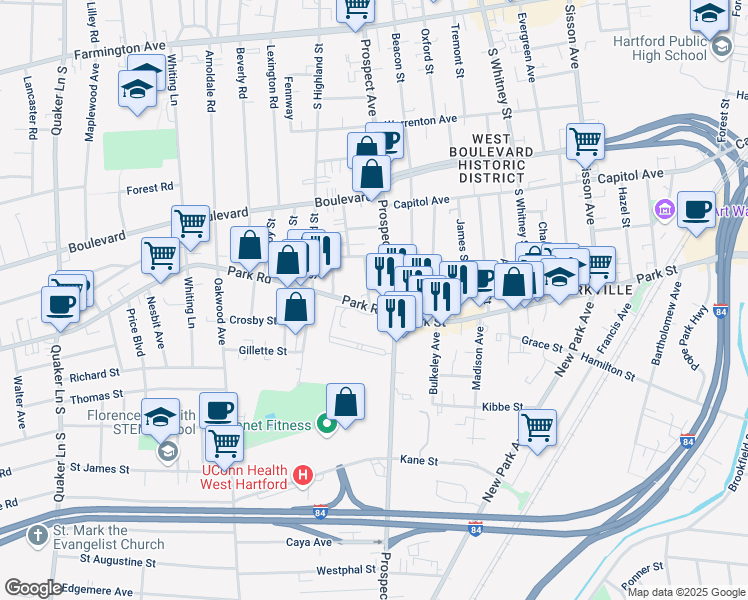 map of restaurants, bars, coffee shops, grocery stores, and more near 18 Park Road in West Hartford