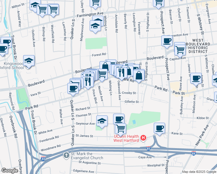 map of restaurants, bars, coffee shops, grocery stores, and more near 16 Mitchell Place in West Hartford