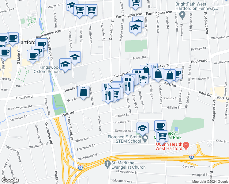 map of restaurants, bars, coffee shops, grocery stores, and more near 222 Quaker Lane South in West Hartford