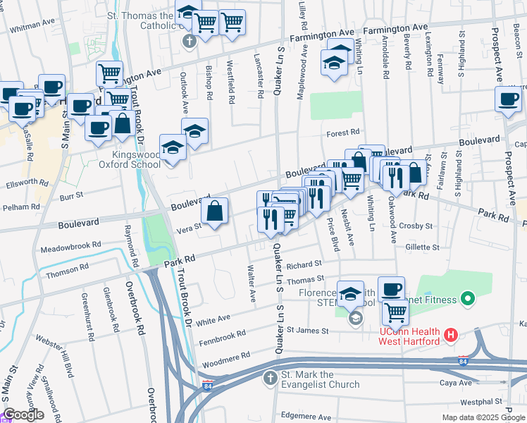 map of restaurants, bars, coffee shops, grocery stores, and more near 25 Vera Street in West Hartford