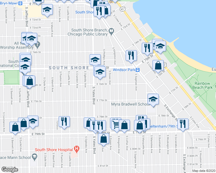 map of restaurants, bars, coffee shops, grocery stores, and more near 7602 South Essex Avenue in Chicago