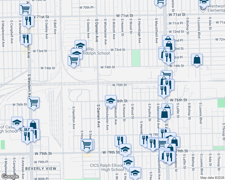 map of restaurants, bars, coffee shops, grocery stores, and more near 7515 South Winchester Avenue in Chicago