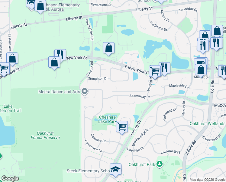 map of restaurants, bars, coffee shops, grocery stores, and more near 2350 Adamsway Drive in Aurora