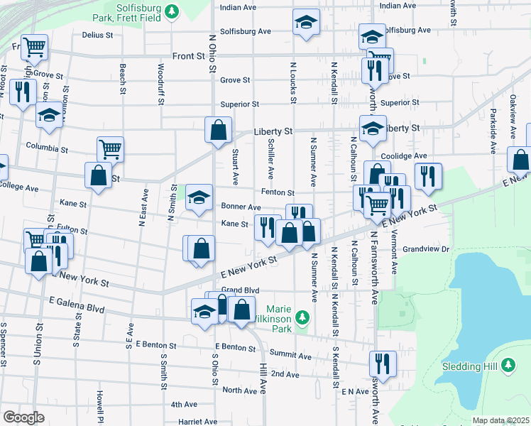 map of restaurants, bars, coffee shops, grocery stores, and more near 177 Trask Street in Aurora